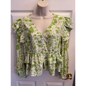 Entro Boho Spring Green/White Floral L/S Ruffle Blouse Size L